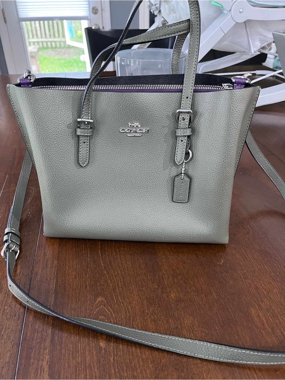 Coach Mollie Tote 25 in Green Pebble Leather with Purple Interior Trim